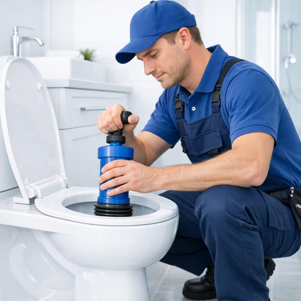 Technicien débouchant des toilettes